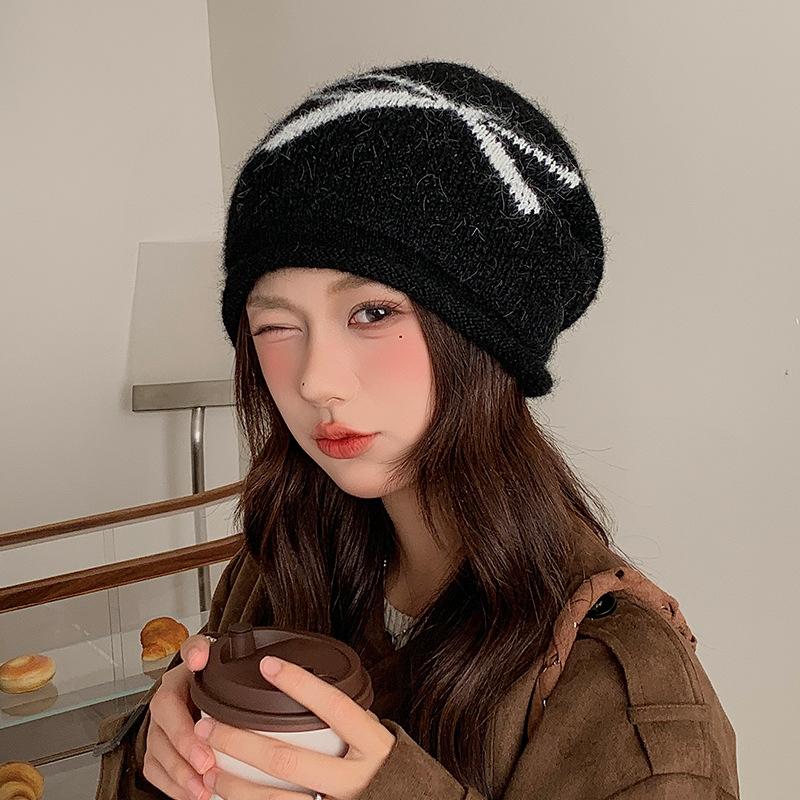 New Bow Knitted Hat Autumn and Winter Warm Ear Protection Pile Hat for Women Korean Style Big Head Circumference Showing Face Small Woolen Hat