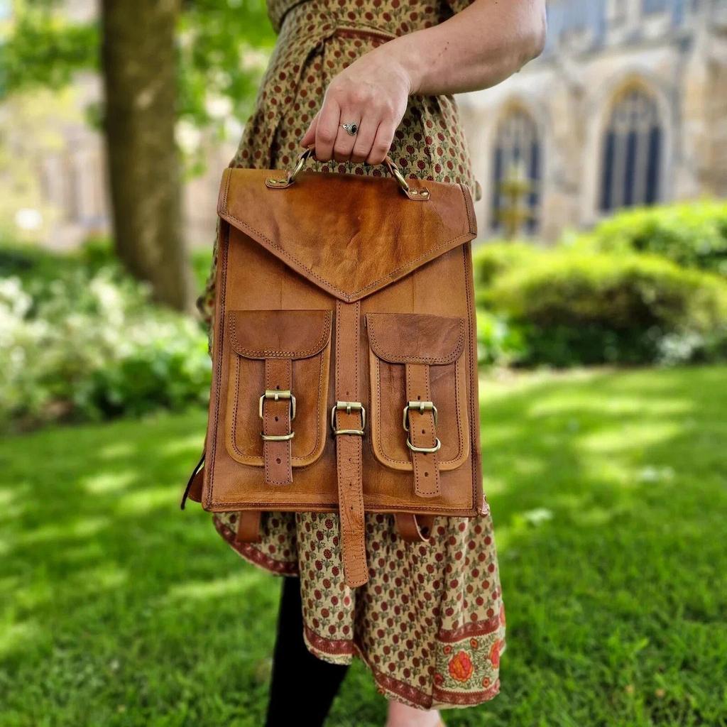 Goat Leather Bag Backpack Laptop Rucksack Vintage Travel Brown Genuine Men's New