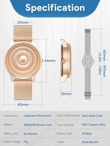 EUTOUR Magnetic Wristwatch with Ball Bearing Design, Unisex Quartz Watch for Men and Women, Minimalist Casual Design, Waterproof, 40mm, Rose Gold Dial