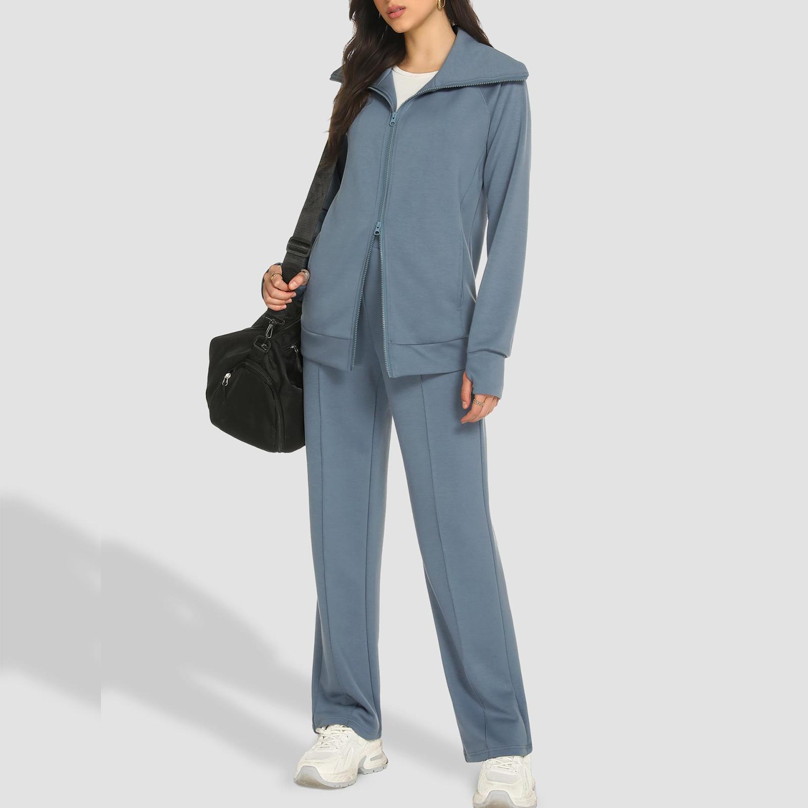 

Женская мода V-образный вырез однотонный длинный рукав двойная молния лацкан куртка широкие брюки толстовка длинные брюки комплект XL синий