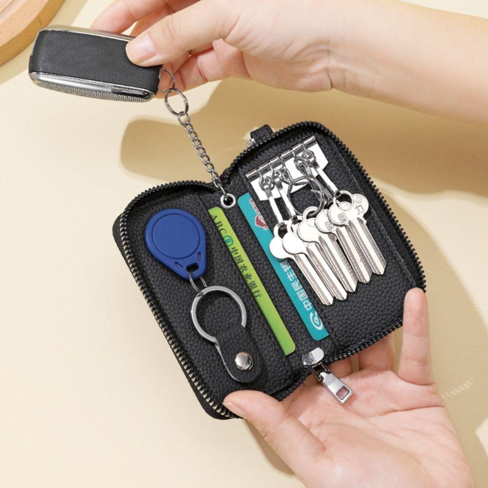 Universal PU Leather Car Key Bags Solid Color Zipper Key Pouch Multifunctional Keychain Holder