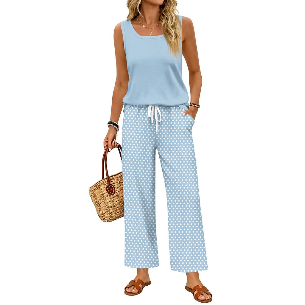 Women Sleeveless Tank Top and Wide Leg Pants Two Piece Set Polka Dot Print Elastic Waist Casual Lounge Wear for Travel Vacation Home