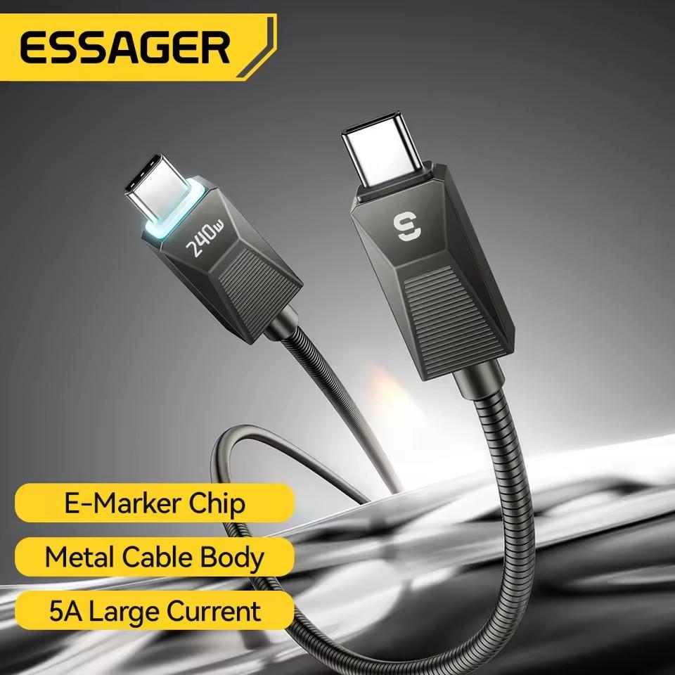 Essager 240W Super Fast Charge Type-C Cable 100W Fast Charging Stainless Stee Data Wire 5A For Macbook iPad iPone 16 15 Pro Max