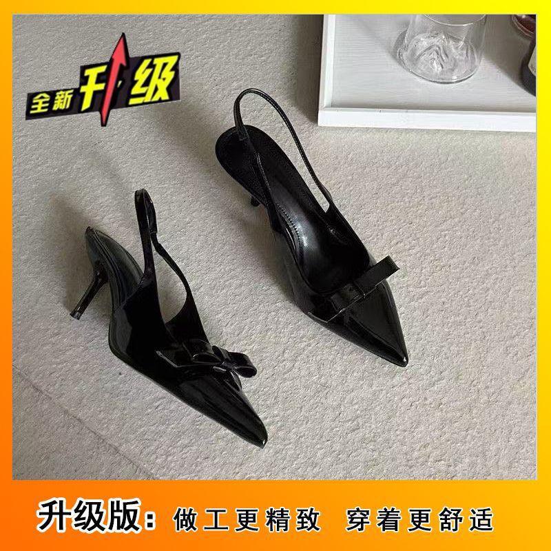 Patent leather bow pointed single shoes French medium high heel red bag head sandals fairy shoes spring and summer new models