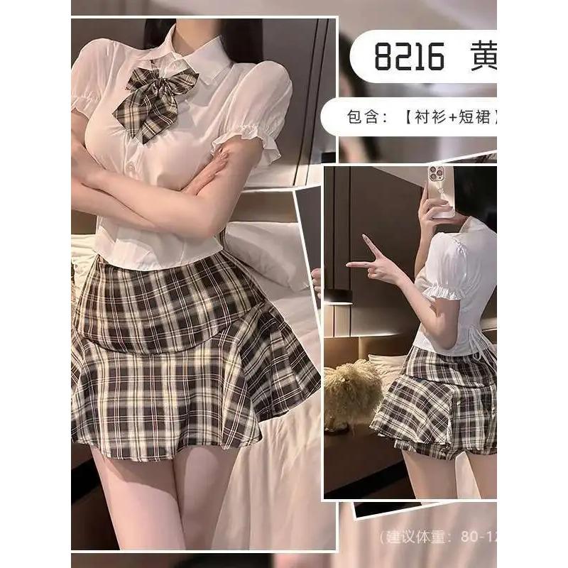 New College Style Sweet Girl Student Dress Strap Temptation Waist Skorts Two Piece Skirt Shirt Sex Uniform Set Sweet BUJ7
