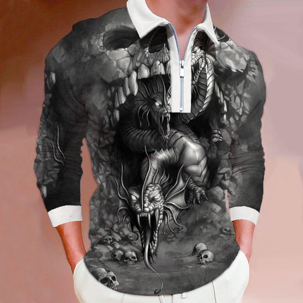 

Рубашки поло мужские с длинным рукавом модные серые с принтом летающего дракона новые мужские рубашки поло футболка на молнии с длинными рукавами топ