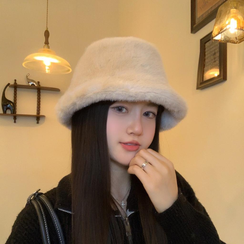Women S Plush Bucket Hat Korean Style Solid Color Autumn Winter Warm