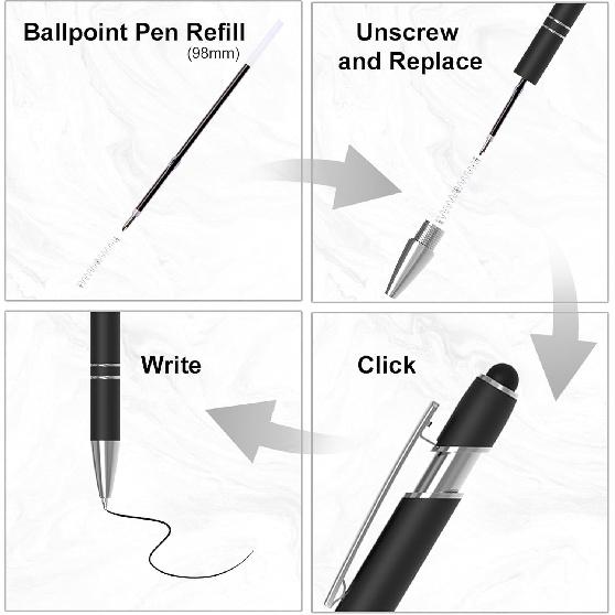 12 Pack Black Stylus Pens, 2-in-1 Ballpoint Pen with Metal Stylus Tip for Touch Screens, 1.0 mm Black Ink Smooth Writing Pens for Office, School,