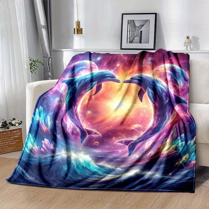 1pc Dolphin Printing Lightweight Flannel Blanket, Comfortable and Warm Blanket, for Camping Sofa Bed and Couch Office, in All Seasons