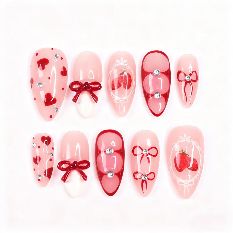 30pcs Valentine s Day Sweet Strawberry Almond Nails with Bow & Diamond Heart Accents
