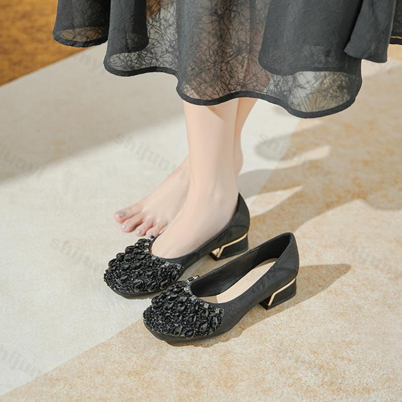 Fashion French Rhinestone Square Toed Single Shoes for Women Spring 2025 New Shallow Mouth Shiny Slip on Comfortable Lightweight Pumps