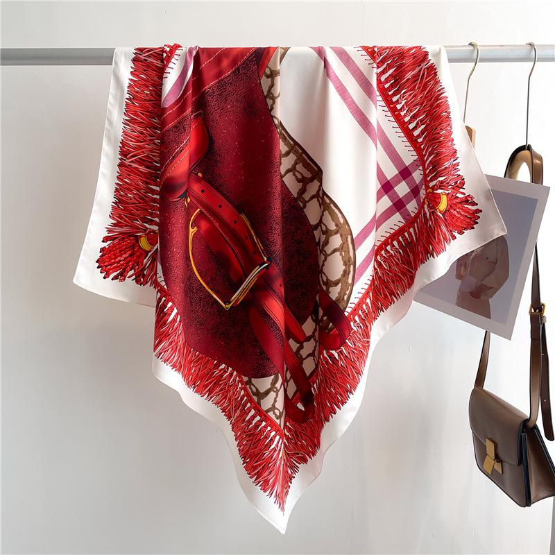 Headscarf Printed Twill Silk Large Square Scarf Small Fragrant Silk Scarf Women'S Anti-Sun Scarf Decorative Scarf Shawl 90Cm