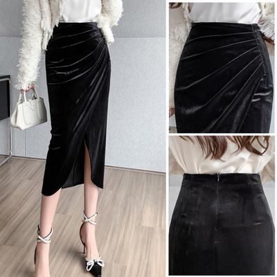 Falda Midi para Mujer Cintura Alta Diseño Irregular con Abertura Delantera Falda de Terciopelo Dorado Diseño de Color Sólido Falda Moldeadora de Piernas