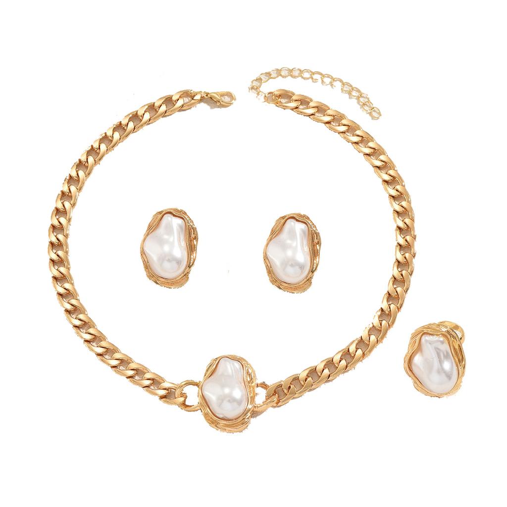 Ladies Necklace Set, Geometric Inlaid Special-Shaped Pearl Design Bracelet Versatile Earrings Jewelry Women
