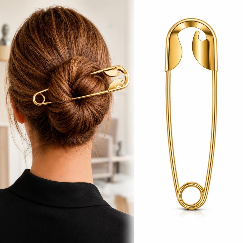 Gomsfancy Oversize Safety Pin Hair Accessory for Bun – Stainless Steel, Gold Plated, Anti-Tarnish, Lightweight Fashion Jewelry for Women