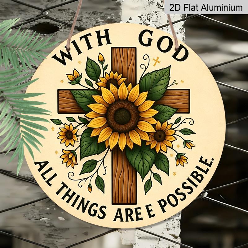 2D Flat, 1pc Interesting Vintage Round Aluminum Sign: Sunflower Cross Theme, Yard, Room, Office, Country Farm Decoration Garden Decoration Club