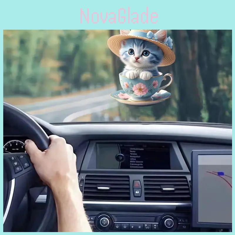 Cute Cartoon Cat Acrylic Flat Tea Cup Car Decoration Pendant For Interior Charm
