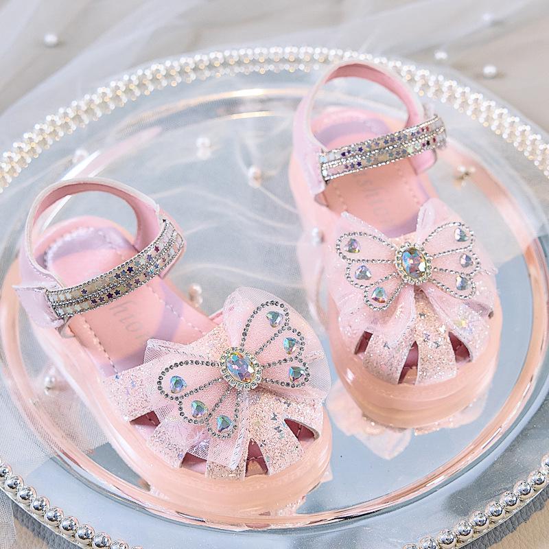 

Girls Summer 2025 Butterfly Knot Rhinestone Princess Sandals - Hollow Design, Shiny Surface for Daily Outings Size 24
