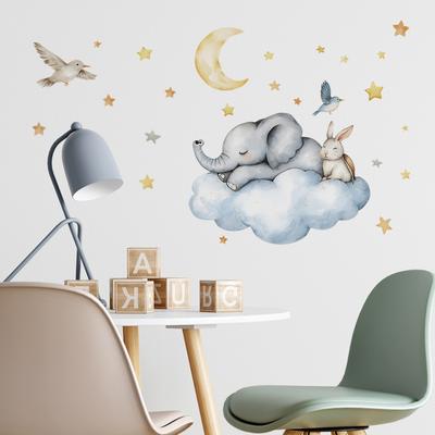 Cartoon Clouds Stars Moon Little Elephant Rabbit Bedroom Living Room Home Background Beautification Wall Stickers