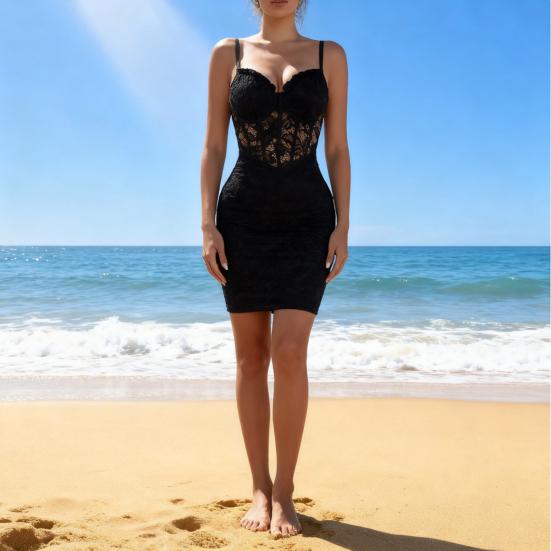 Yousheng Women Sexy Spaghetti Strap Bodycon Mini Dress V Neck Floral Lace Sheer Cami Dress Party Club Cocktail Dress