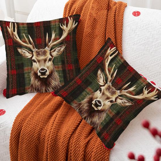Weihnachts Elch Kissenbezug Rot Grün Kariert Elchkopf Wurfkissenbezug 18 Zoll x 18 Zoll Winterlicher Festlicher Kissenbezug zur Dekoration von Zuhause, Couch, Sofa, Bett