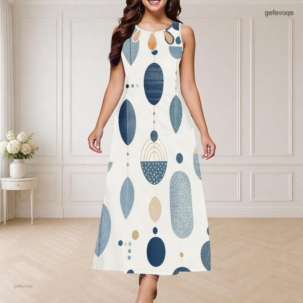 Women Plus Size Round Neck Triple Keyhole Cutout Sleeveless Printed Long Dress