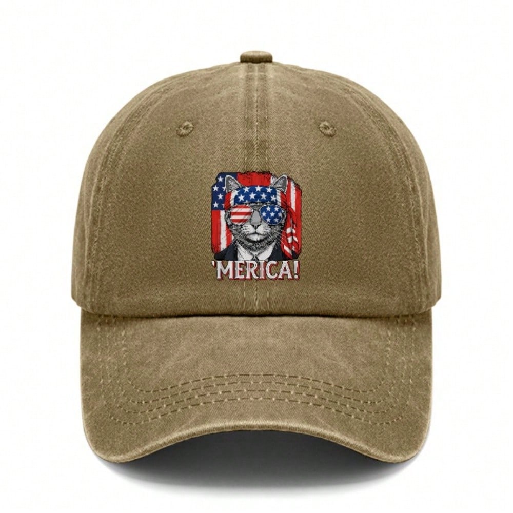 [USA Themed Baseball Cap] 'merica! Cat Graphic Print Polyester Unisex Adjustable Curved Brim Vintage Washed Baseball Hat For Festivals, Summer