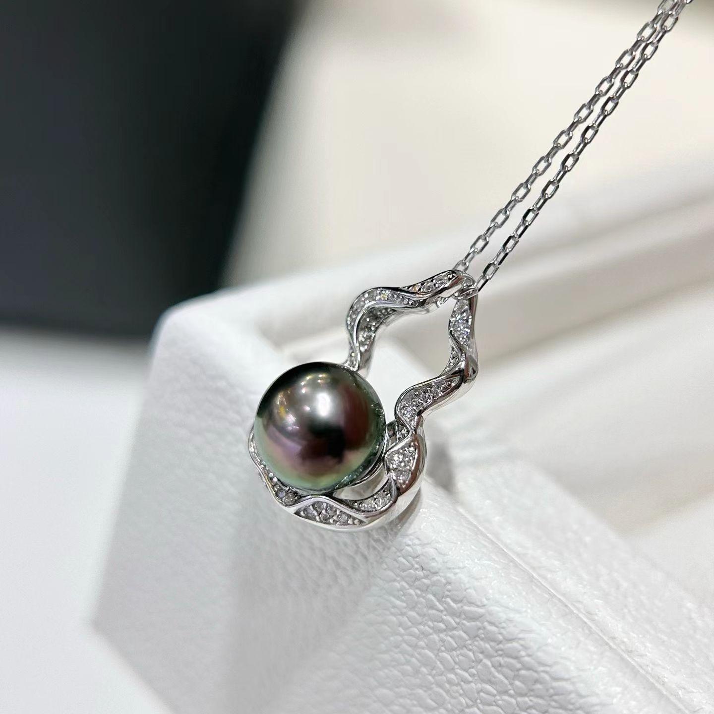 Certificated 925 Silver Natural Seawater Tahitian Black Pearl Gourd Pendant Aurora Luster Sweater Chain Necklace High Jewelry серебряный