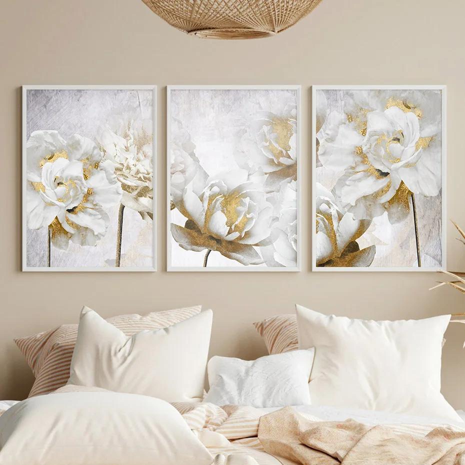 Abstrakte Gold Weiß Blühende Blumen Wand Kunst Poster Leinwand Malerei Drucke Bilder Moderne Wohnzimmer Interior Home Decor