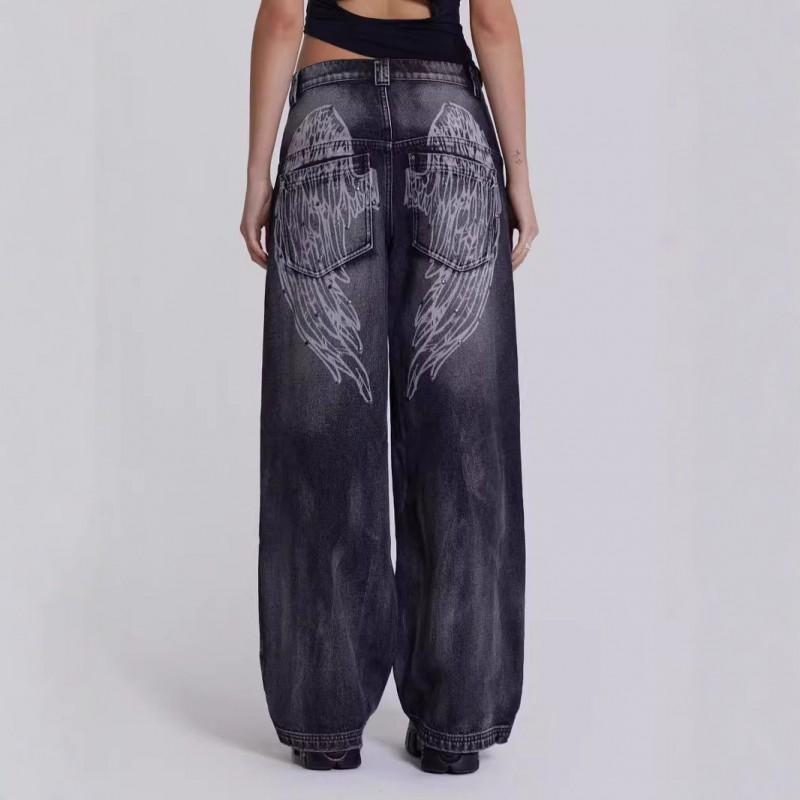 Y2K Vintage Gradient Angel Wing Print Wide Leg Denim Pants Women Mid-Rise Straight Cut Jeans