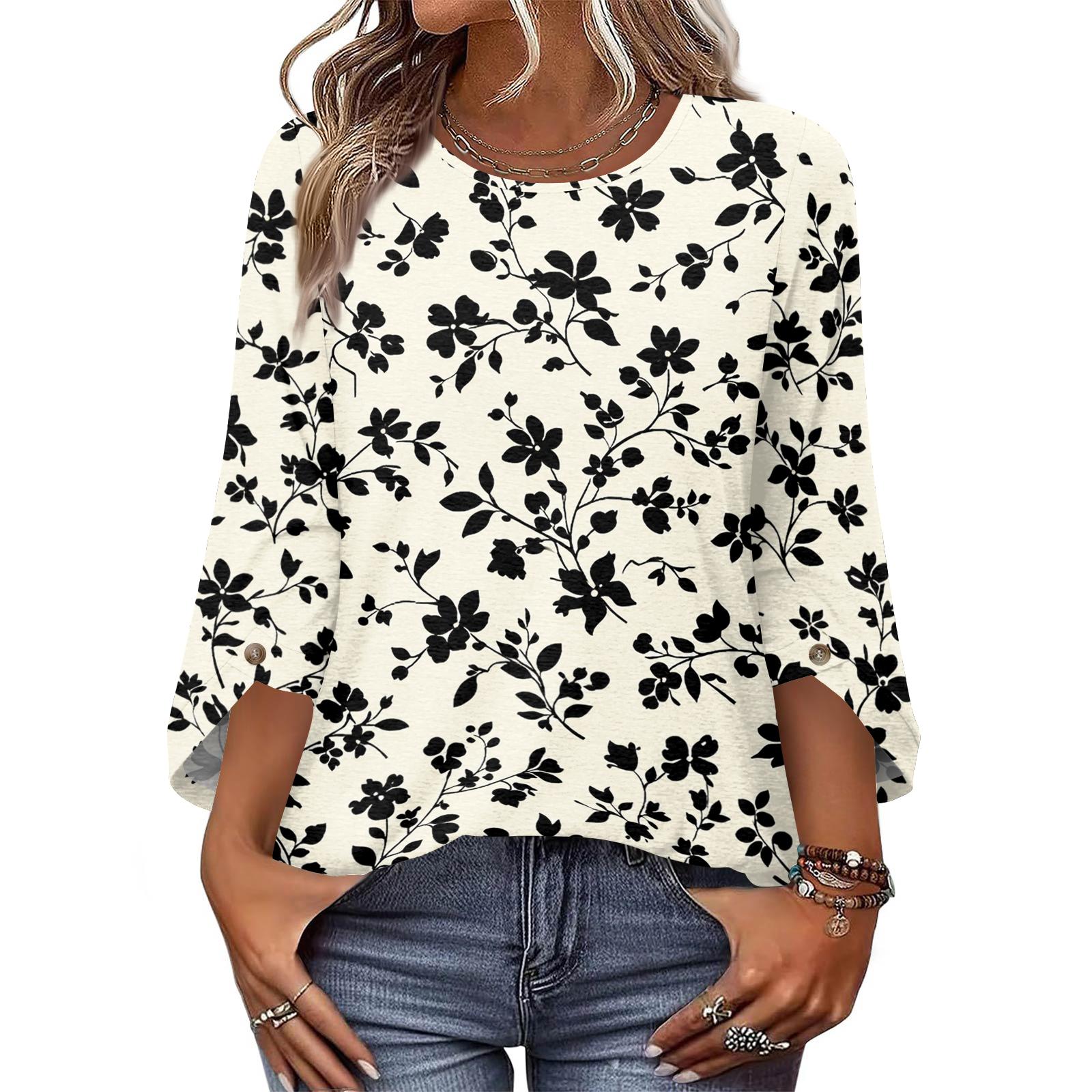 

Womens Tops 3/4 Length Sleeve Dressy Casual Blouses For Women Trendy Round Neck T Shirts L бежевый