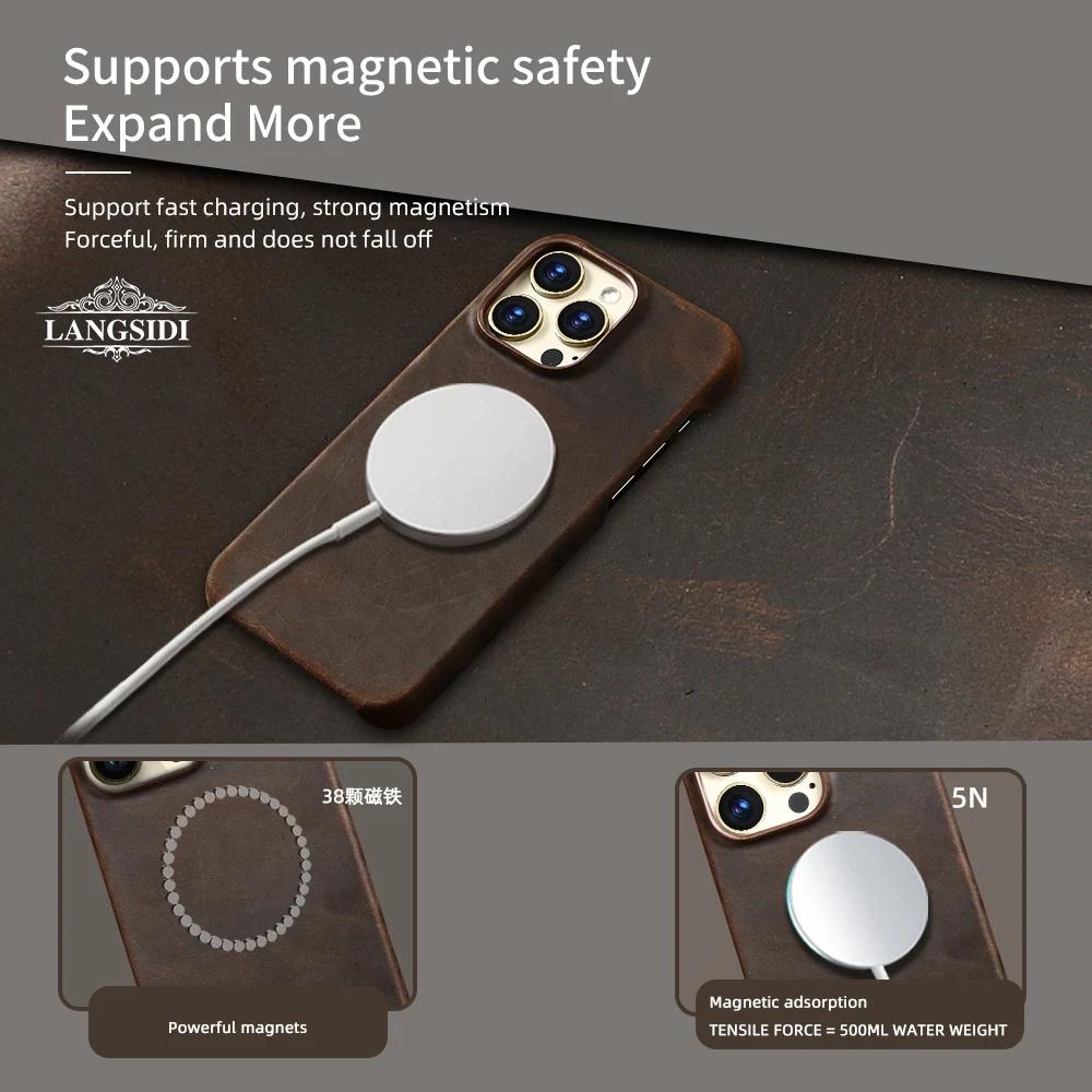 Pouzdro MagSafe pro iPhone 15 16 Pro Max 16Pro Retro luxusní celozrnná hovězí kůže z pravé olejované kůže s magnetickým natahováním