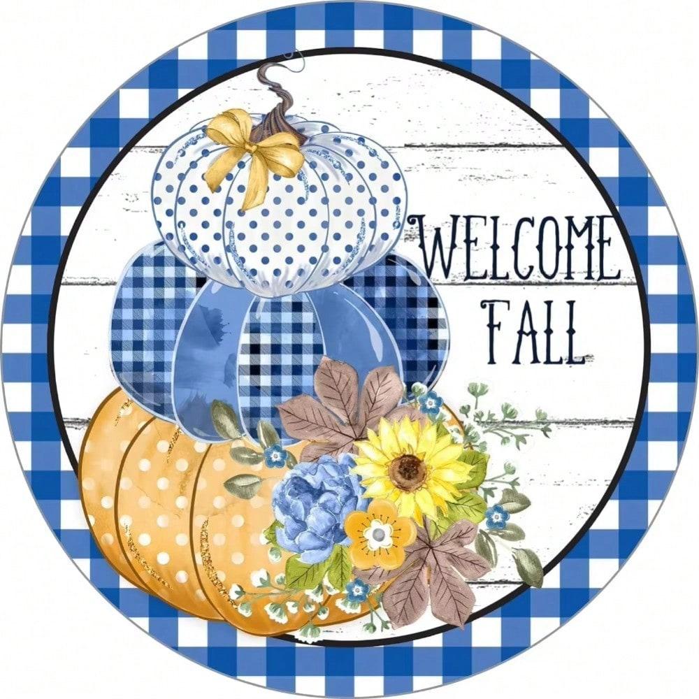 Pumpkin Welcome Wreath Metal Wall Art Autumn Fall Halloween Home Decor 20x20