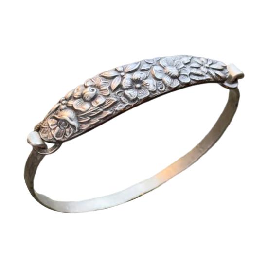 Handmade Sterling Spoon Bangle Floral Pattern Opening Bangle Boho Style Handle Cuff Jewelry Accessories