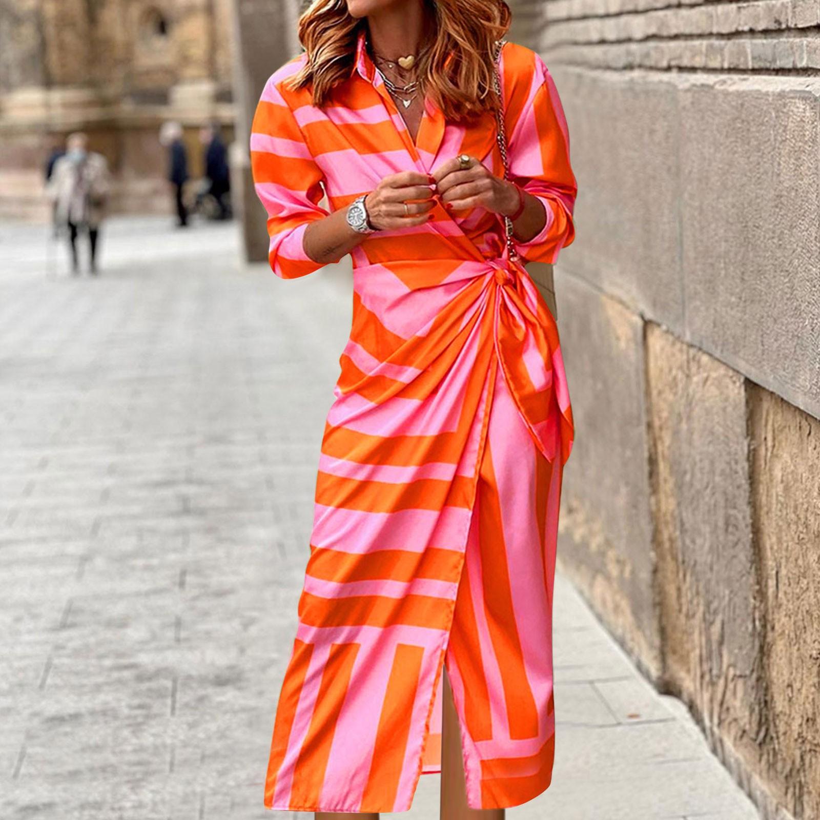 

Женский кардиган на весну, лето и осень, длинное платье с воротником-поло и полосатым принтом XL оранжевый