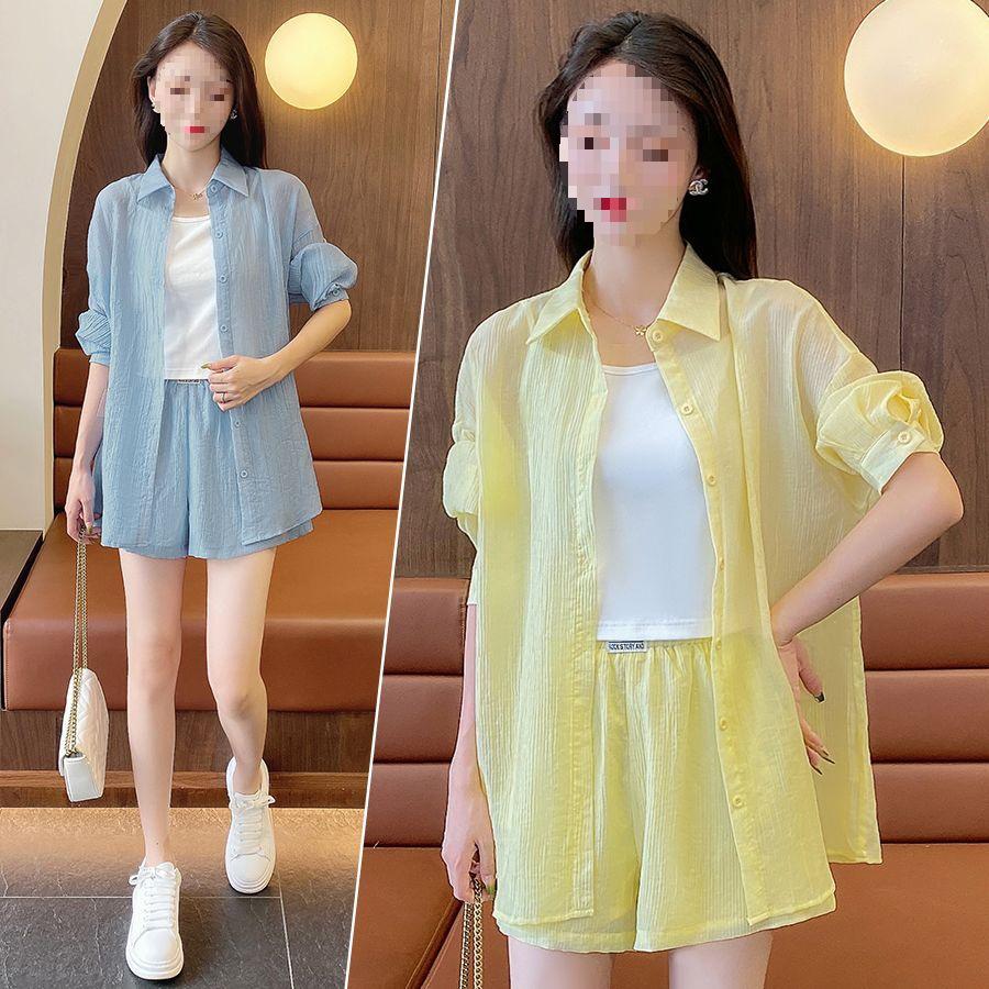 Chic Sun Protection Outfit: Women's Petite, Loose-Fit Three-Piece Set - Outer Shirt and Shorts for Summer