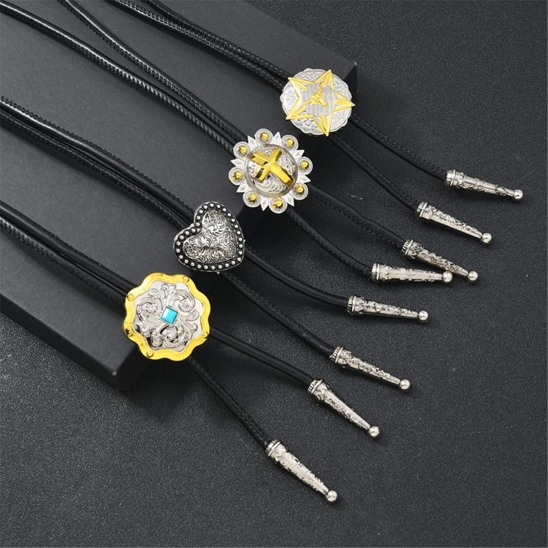 Western Bolo Tie Necklace with Black Cord and Metal Pendant, 31.89in Neckwear Accent for Daily Shirt Styling and Wear
