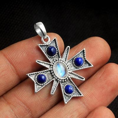 Mondstein Lapislazuli handgefertigt Malteserkreuz Anhänger 925 Sterling Silber Charm Schmuck