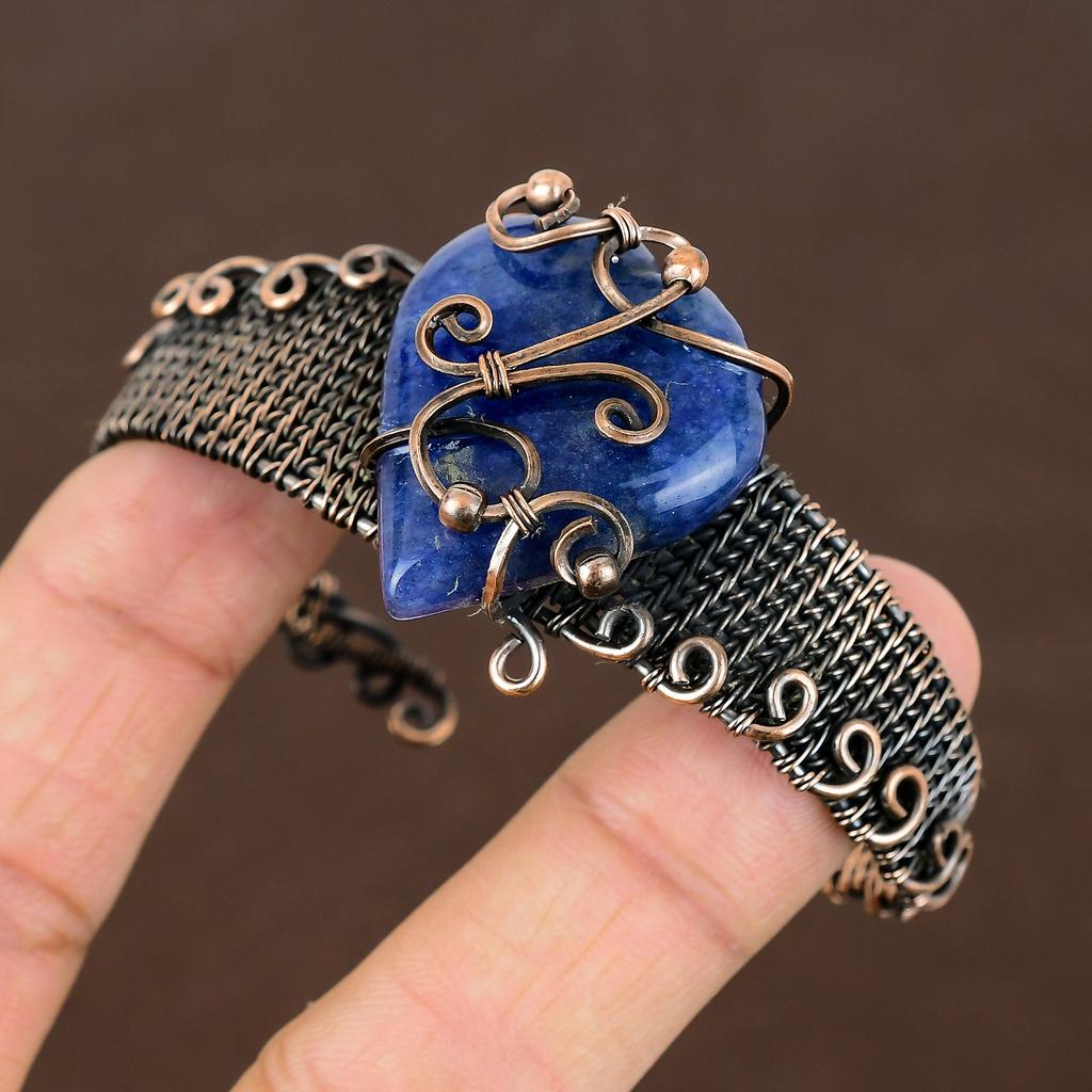 Sapphire(Simulated) Gemstone Handmade Copper Wire Wrap Bangle Adjustable I1F25