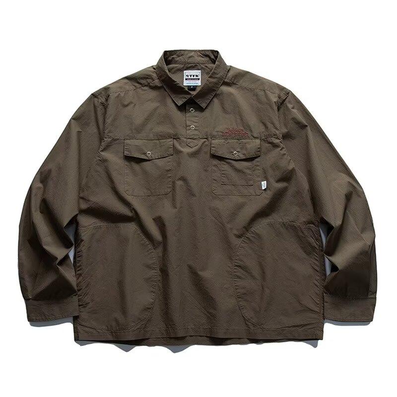 

Мужская рубашка в японском стиле с вышитыми буквами, длинными рукавами, лацканами, несколькими карманами, повседневное пальто на весну и осень 2XL армия зеленый