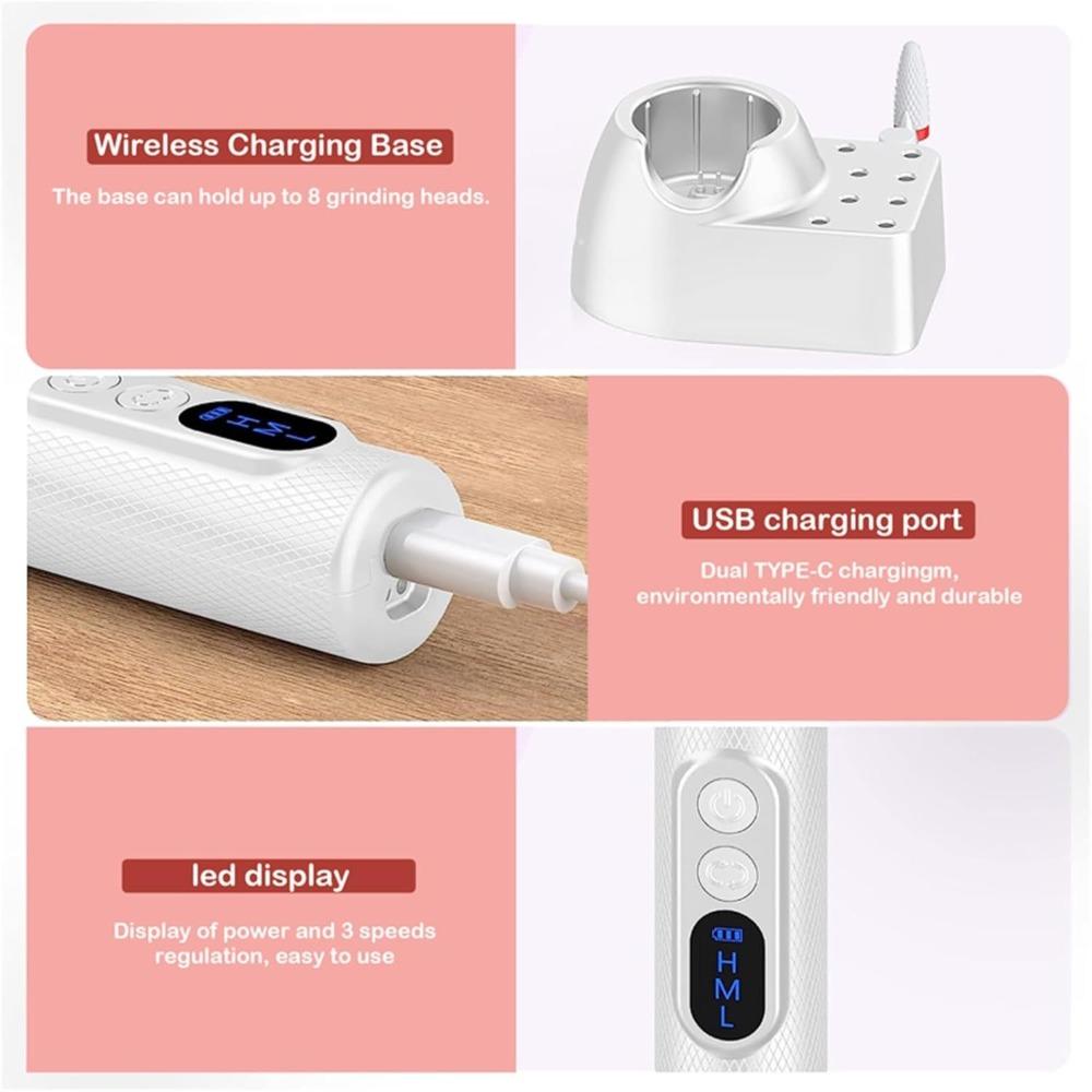 Portable Nail Drill Electric File Rechargeable Nail File with Bits for Acrylic Gel Removing Nails for Manicure Salon Home