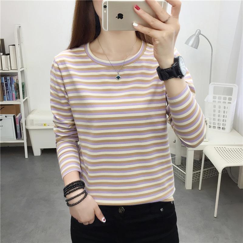 Women's Plus Size Striped Long Sleeve Cotton T-Shirt - Autumn Collection for Middle-Aged Moms