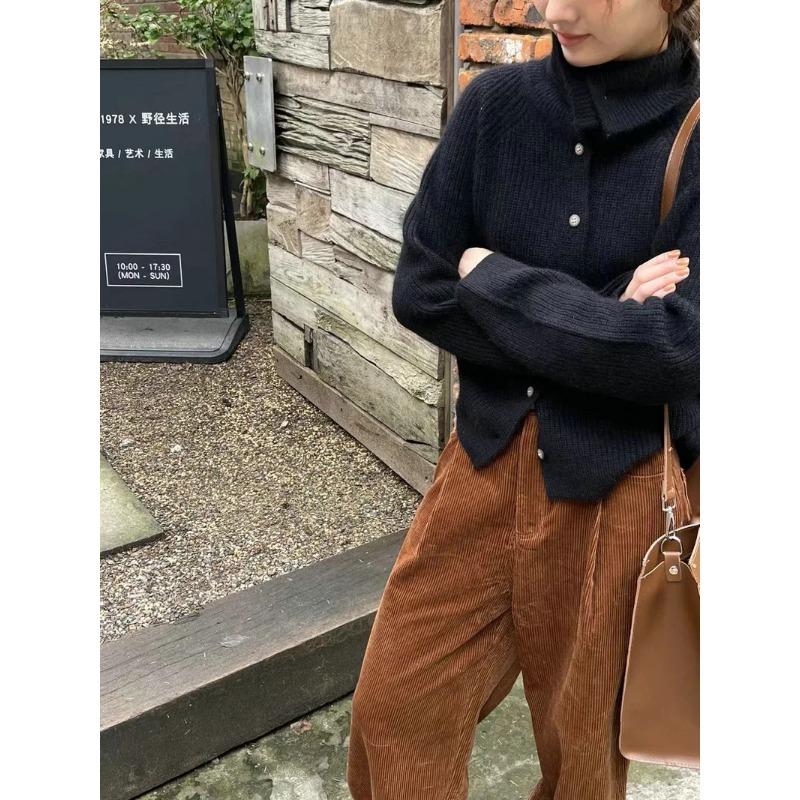 High Neck Knitted Cardigans Vintage Casual Single Breasted Sweater Chic Solid Color Long Sleeved Knitwear