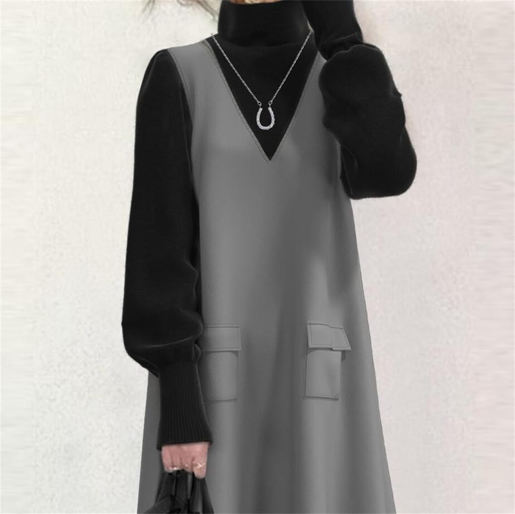 YUANYUAN Docking Long Puff Contrast Back Side Loose Winter Size Women's Dress, Dress, Sleeves, V-Neck, Color-Matching, Stitching, Ribbon, Buttons,