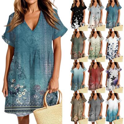 Kadın Günlük Moda Elbise Vintage Çiçekli Çiçekli Kısa Kollu V Yaka Elbise