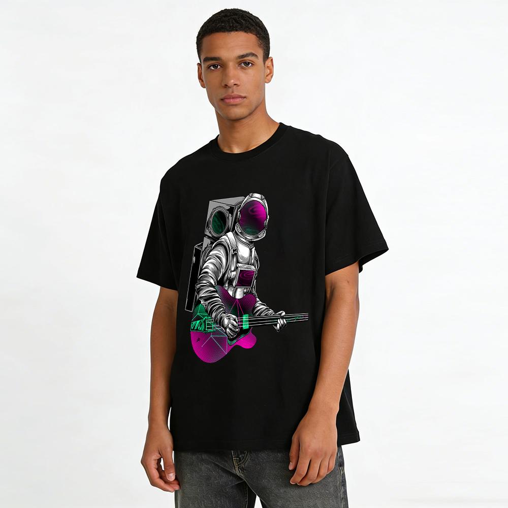 Astronaut Playing Cyber Guitar Graphic Street Style Casual T-Shirt Pure Cotton T-shirt