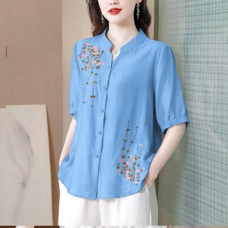 Frühling und Sommer Neues Stickerei Leinenhemd Damen Kurzarm Top Mutter Hochwertiges Leinen Damenhemd Dünner Stil