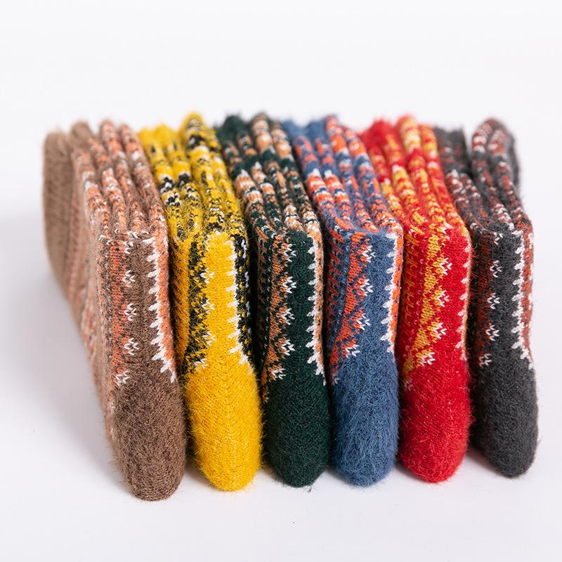 3 Perechi de Șosete Dama până la Mijlocul Gambei în Stil Etnic, Șosete Groase din Imitație de Lână de Nurcă și Lână Caldă de Iepure