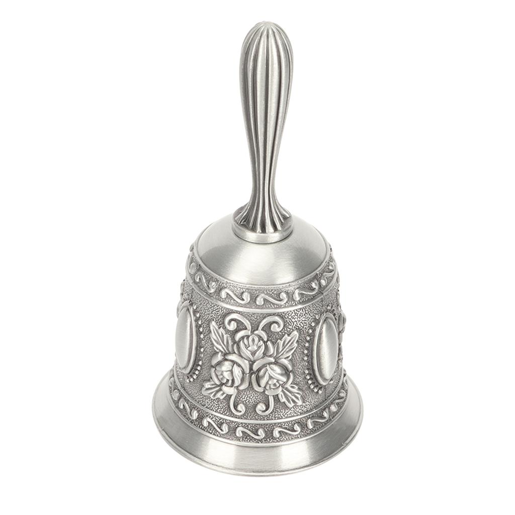 Vintage Hand Bell Flower Carving Zinc Alloy Hand Ring Bell for Bar Wedding School Silver