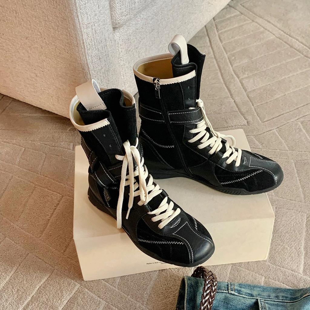 New Spot Cowhide Version Grape Mother Boxing Boots Retro Color Matching Straps Side Zipper Hunting Clothes Dexun Martin Boots Women